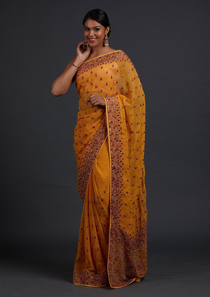 Mustard Threadwork Georgette Designer Saree - Koskii