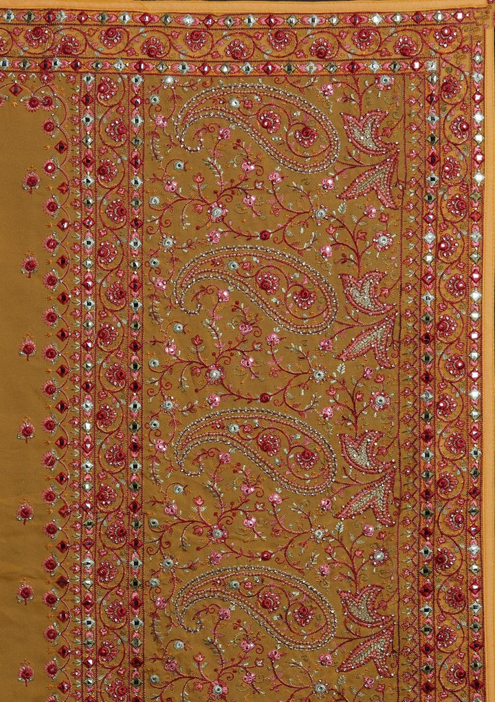 Mustard Threadwork Georgette Designer Saree - Koskii