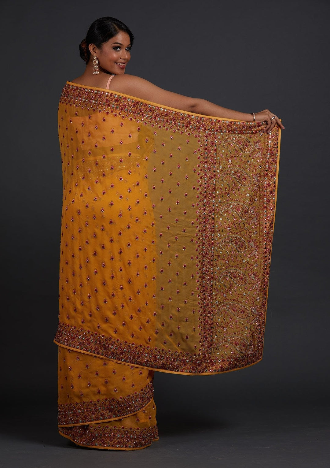 Mustard Threadwork Georgette Designer Saree - Koskii