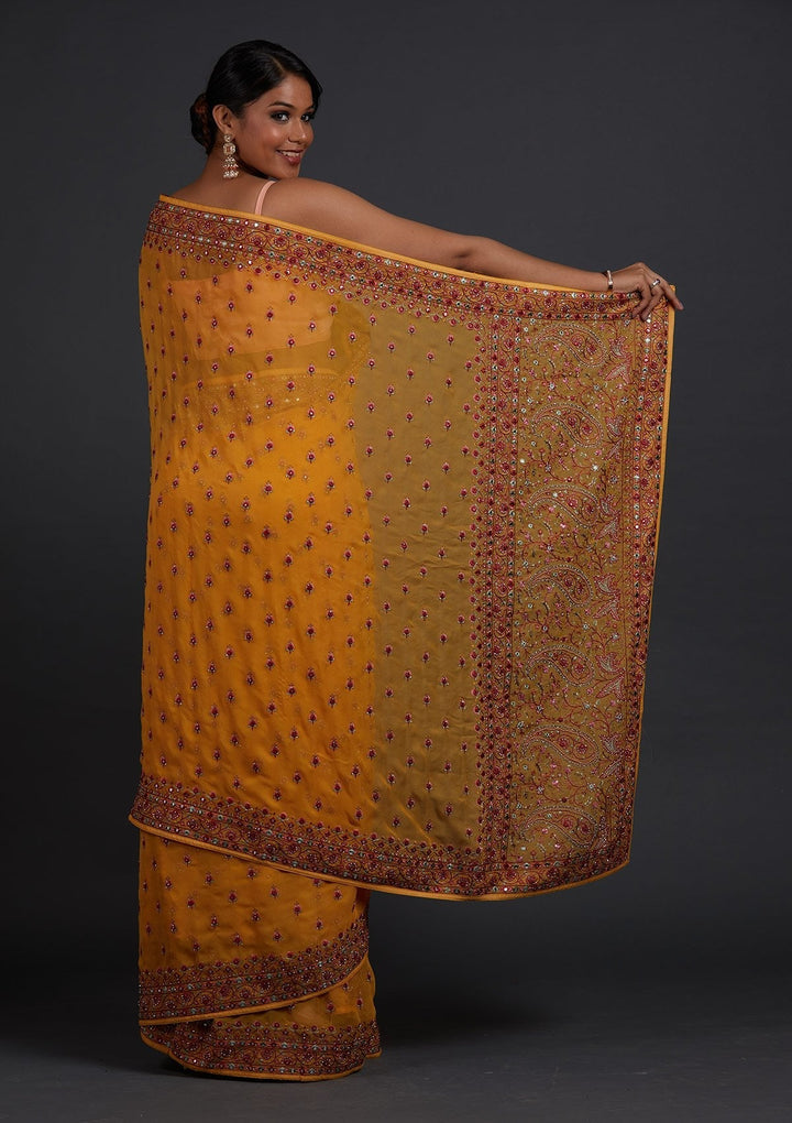 Mustard Threadwork Georgette Designer Saree - Koskii