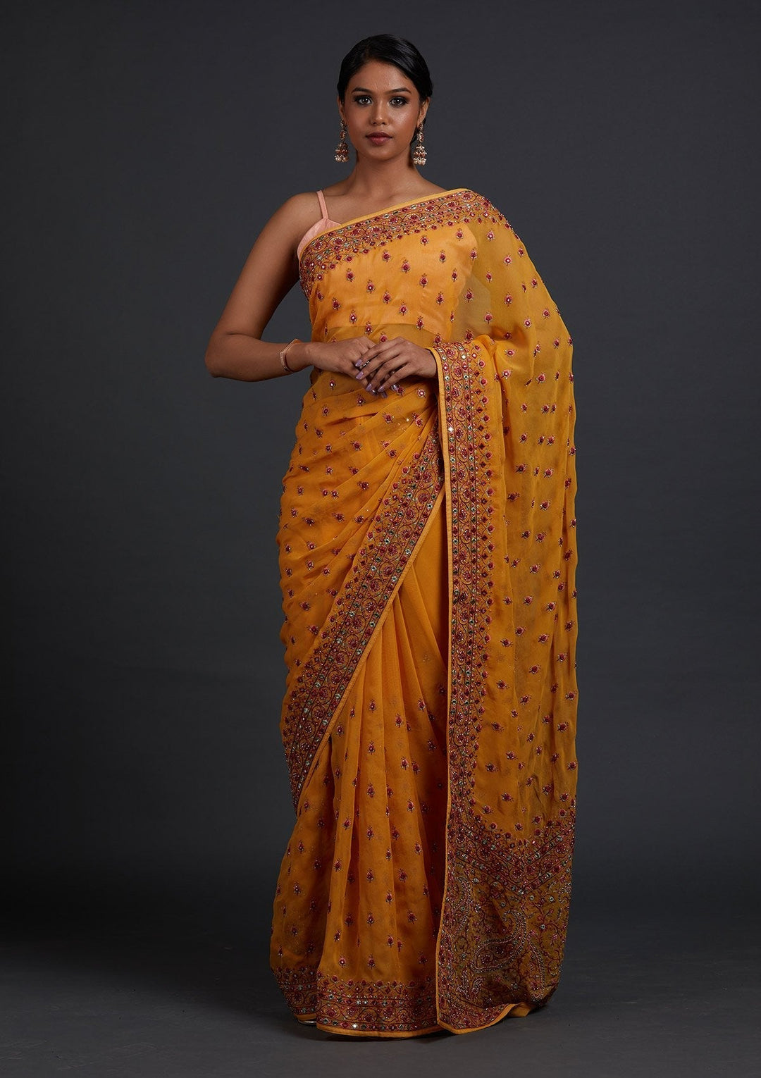 Mustard Threadwork Georgette Designer Saree - Koskii