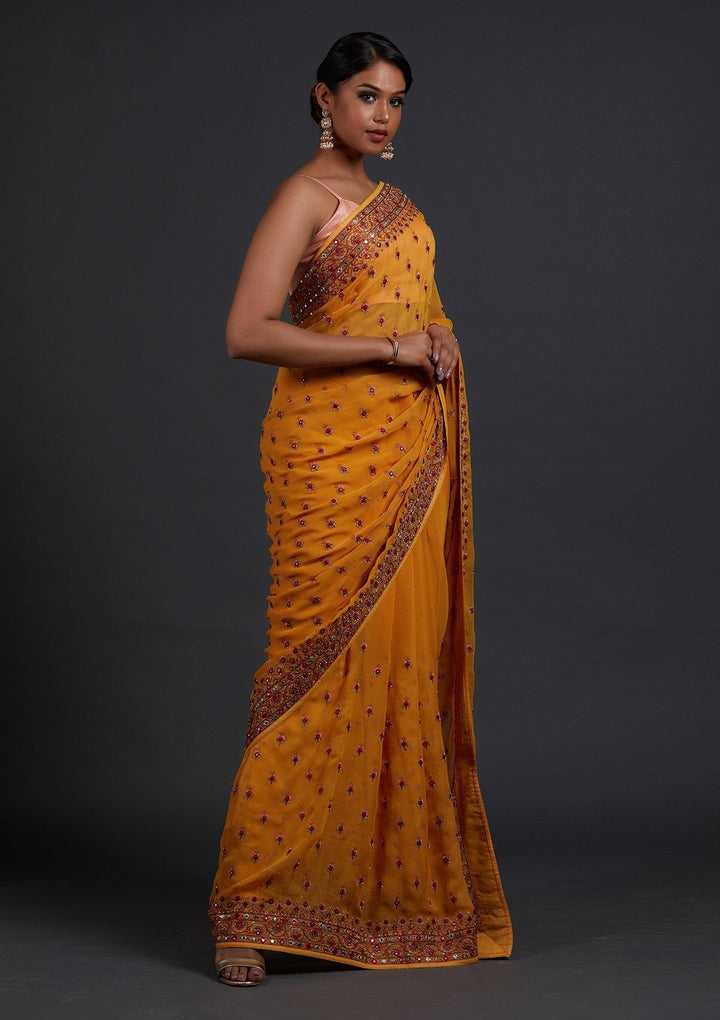 Mustard Threadwork Georgette Designer Saree - Koskii