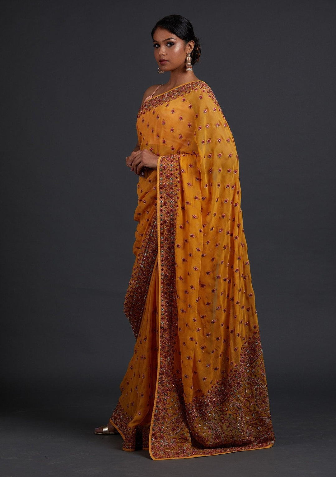 Mustard Threadwork Georgette Designer Saree - Koskii