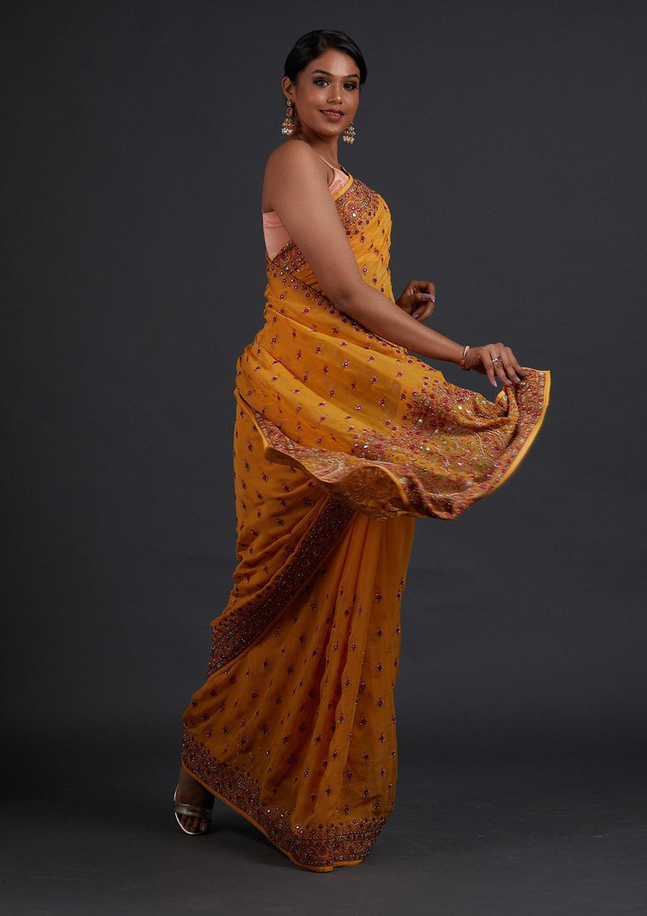 Mustard Threadwork Georgette Designer Saree - Koskii