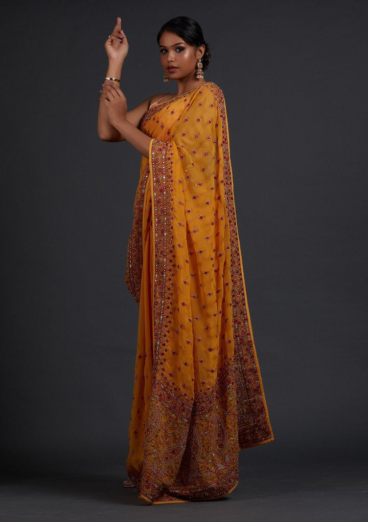 Mustard Threadwork Georgette Designer Saree - Koskii