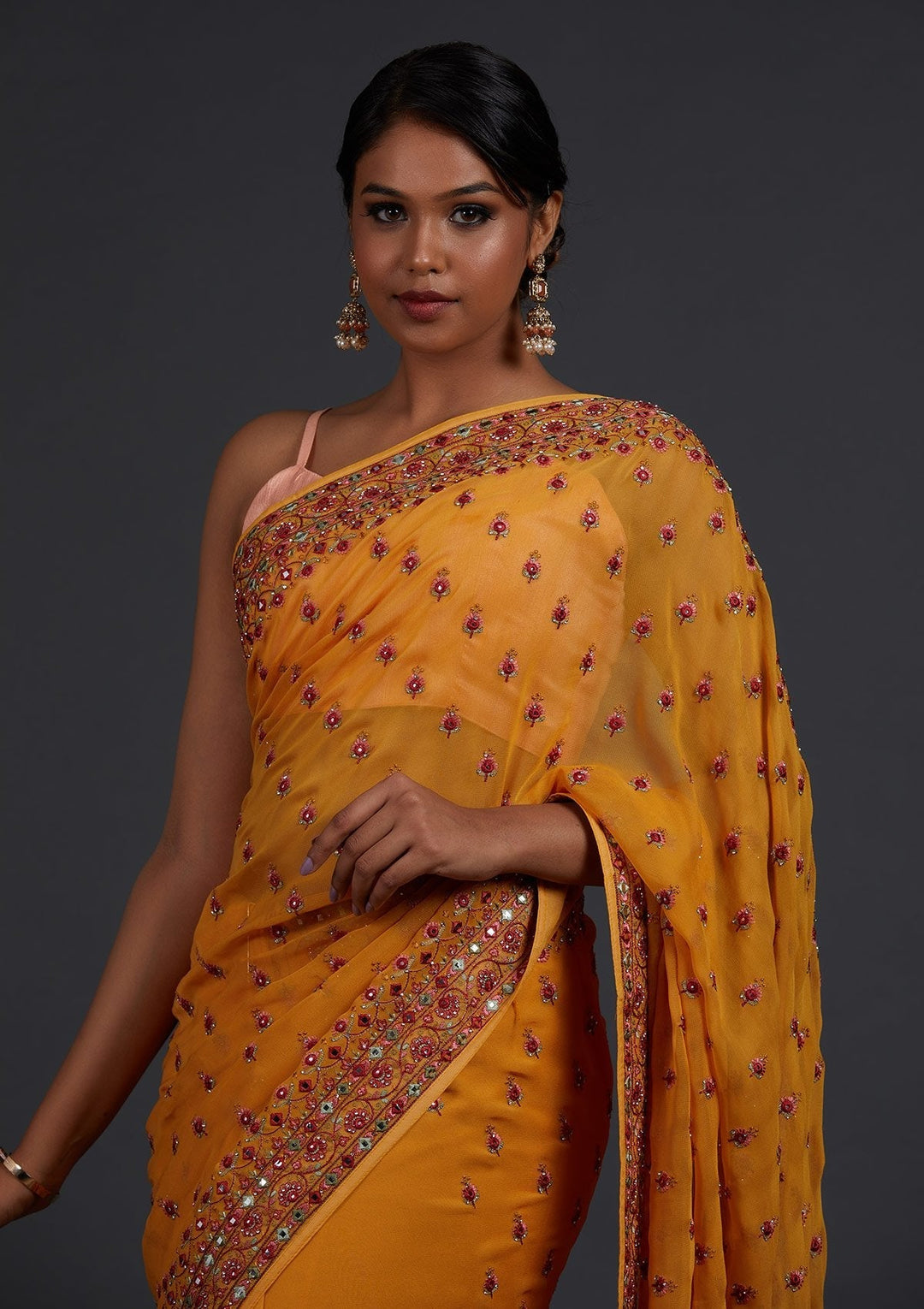 Mustard Threadwork Georgette Designer Saree - Koskii
