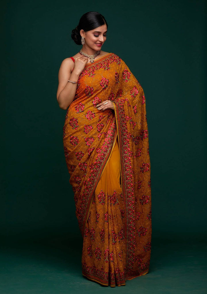 Mustard Threadwork Georgette Designer Saree - Koskii