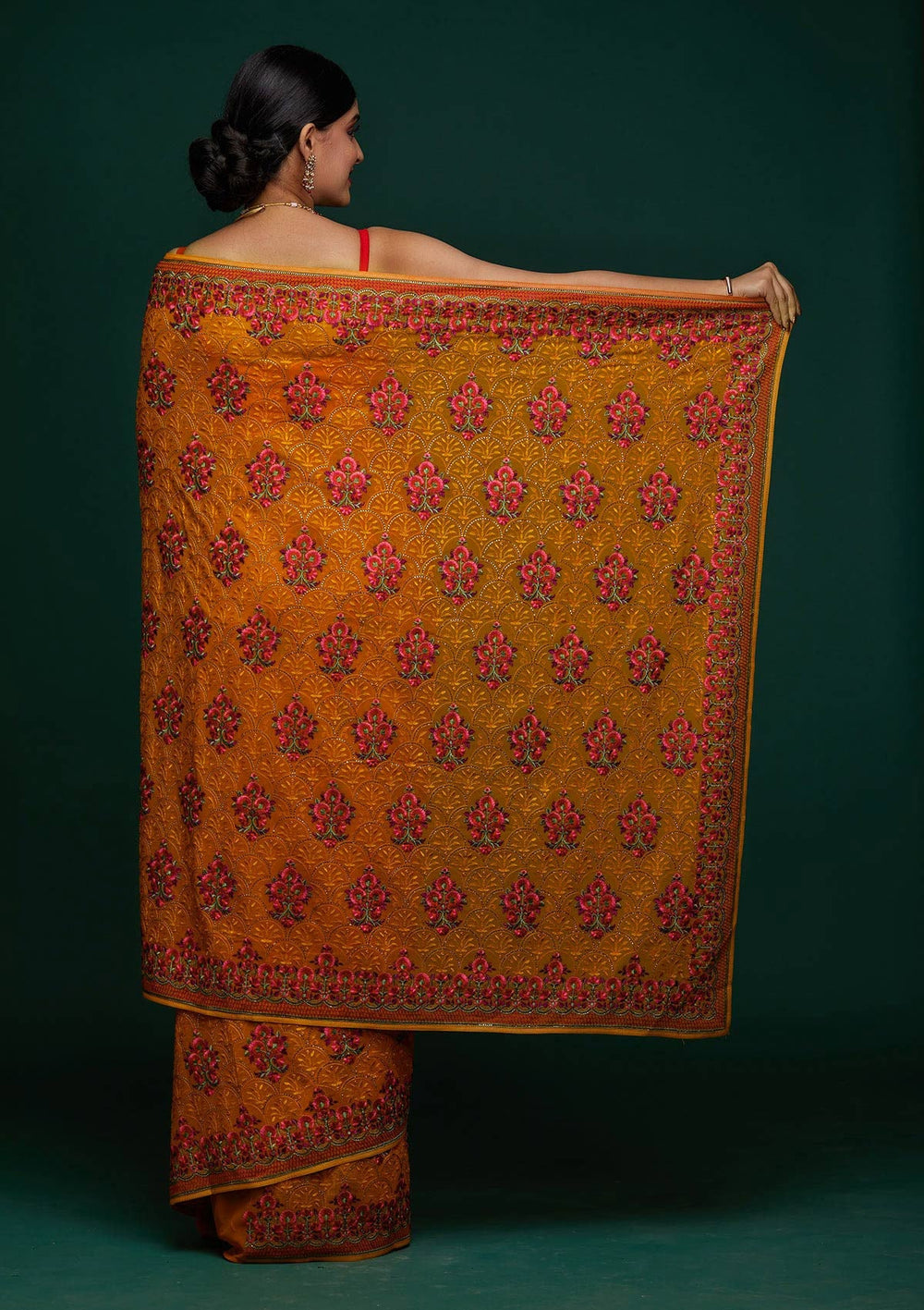 Mustard Threadwork Georgette Designer Saree - Koskii