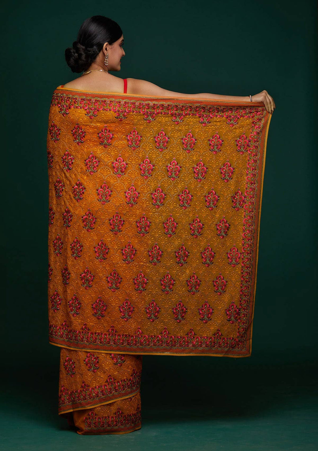 Mustard Threadwork Georgette Designer Saree - Koskii