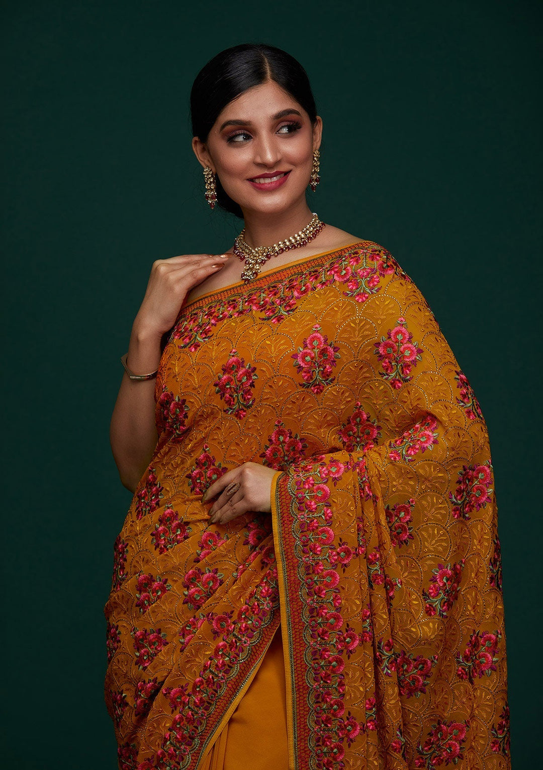 Mustard Threadwork Georgette Designer Saree - Koskii