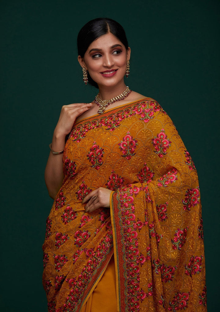 Mustard Threadwork Georgette Designer Saree - Koskii