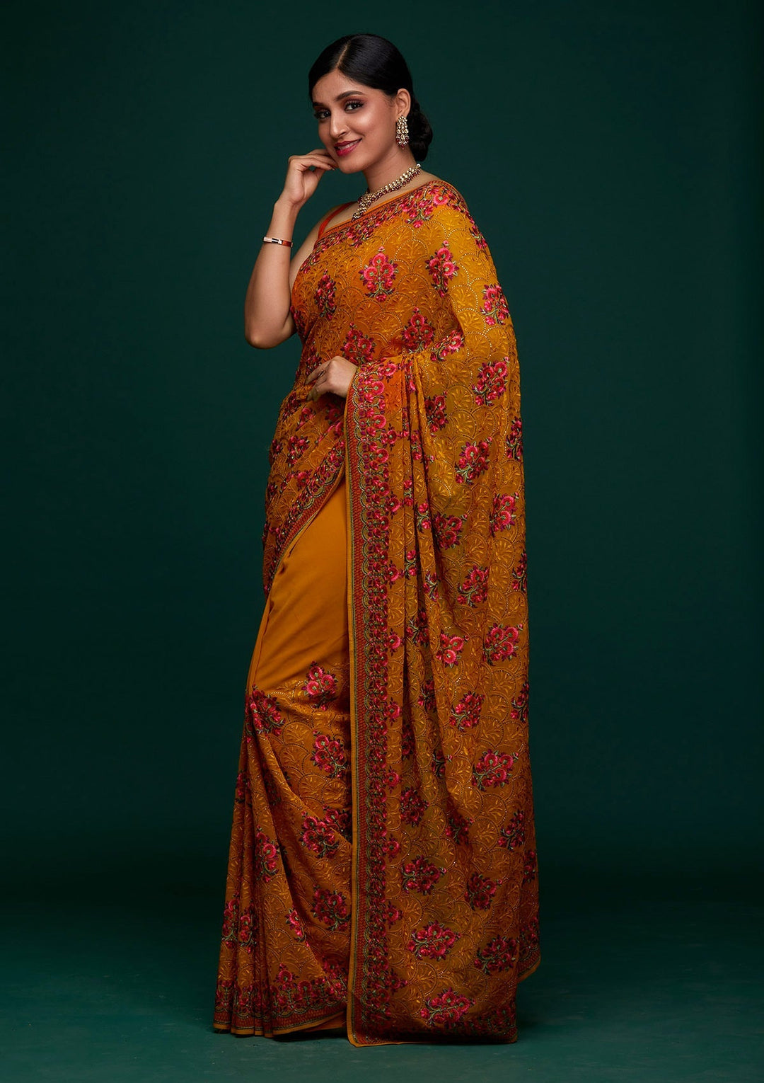 Mustard Threadwork Georgette Designer Saree - Koskii