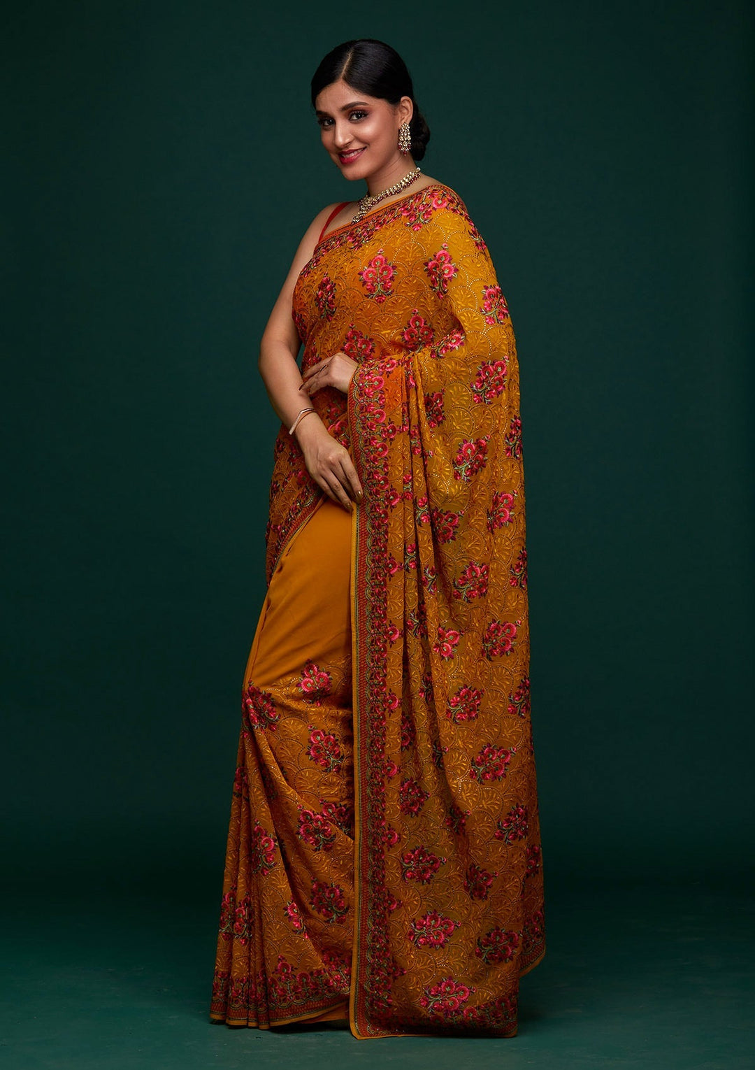 Mustard Threadwork Georgette Designer Saree - Koskii