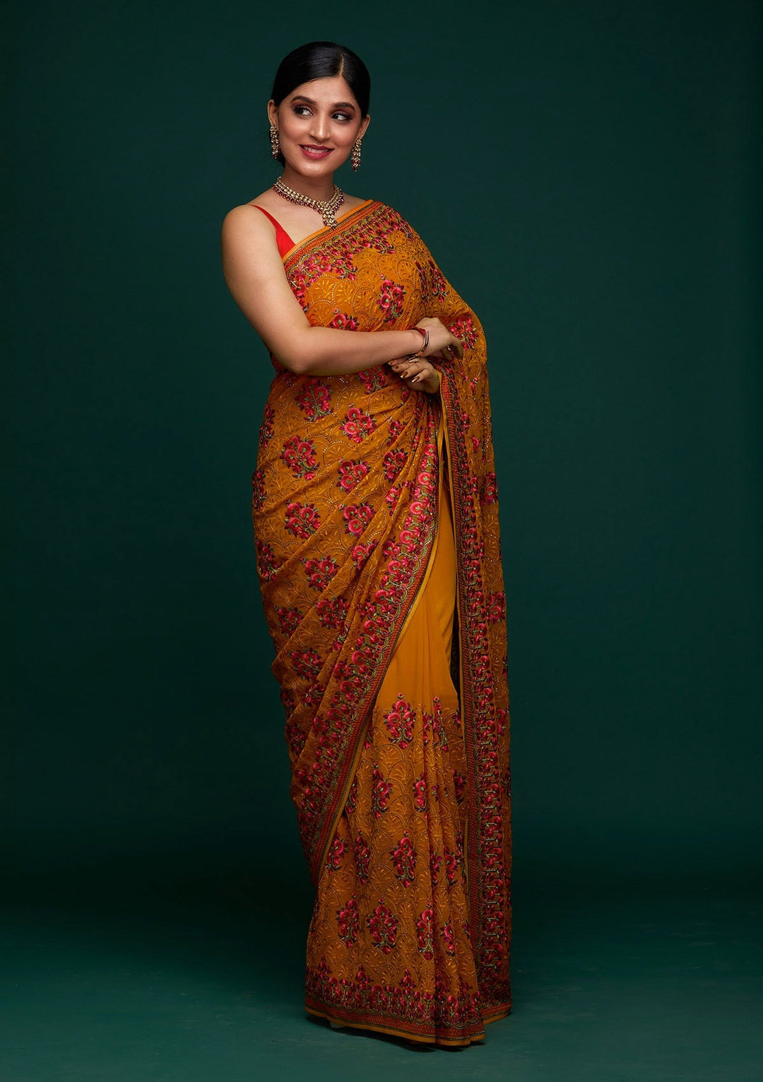 Mustard Threadwork Georgette Designer Saree - Koskii