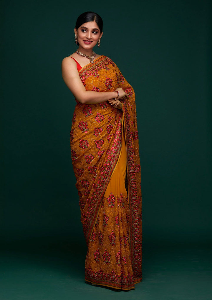 Mustard Threadwork Georgette Designer Saree - Koskii
