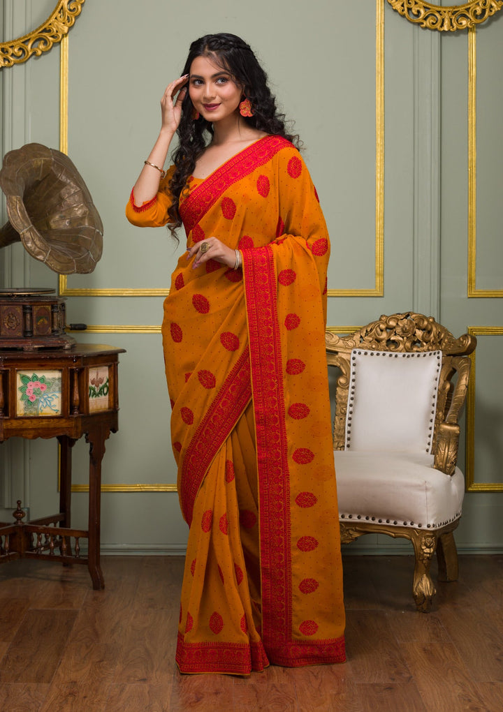 Mustard Threadwork Georgette Saree-Koskii