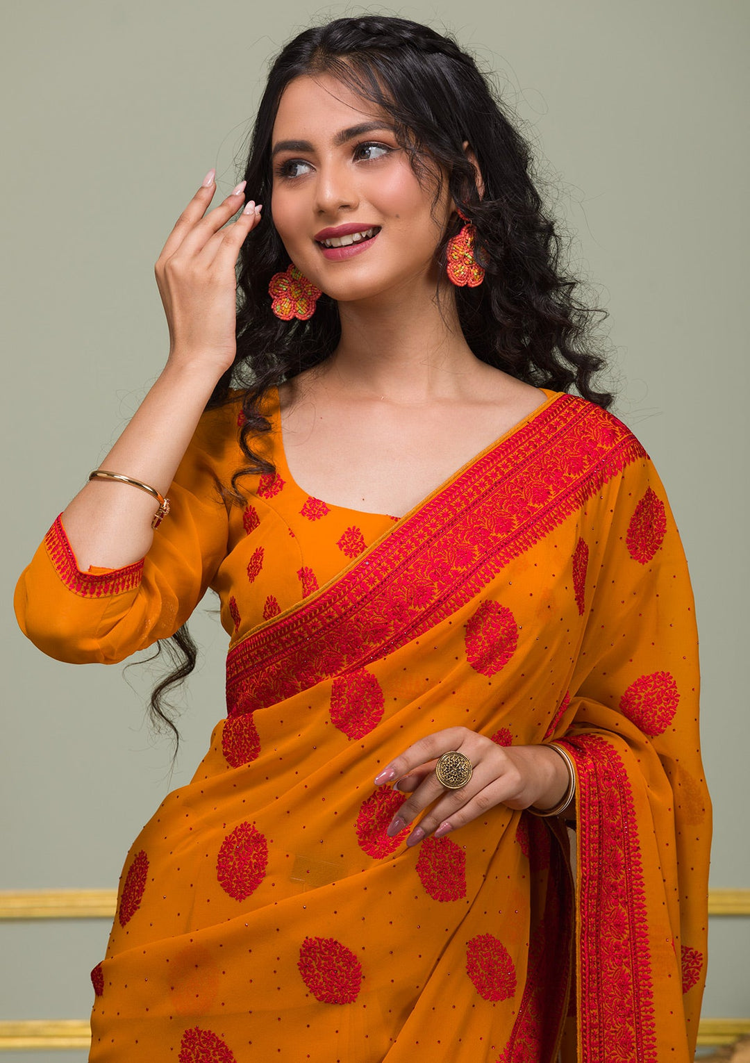 Mustard Threadwork Georgette Saree-Koskii