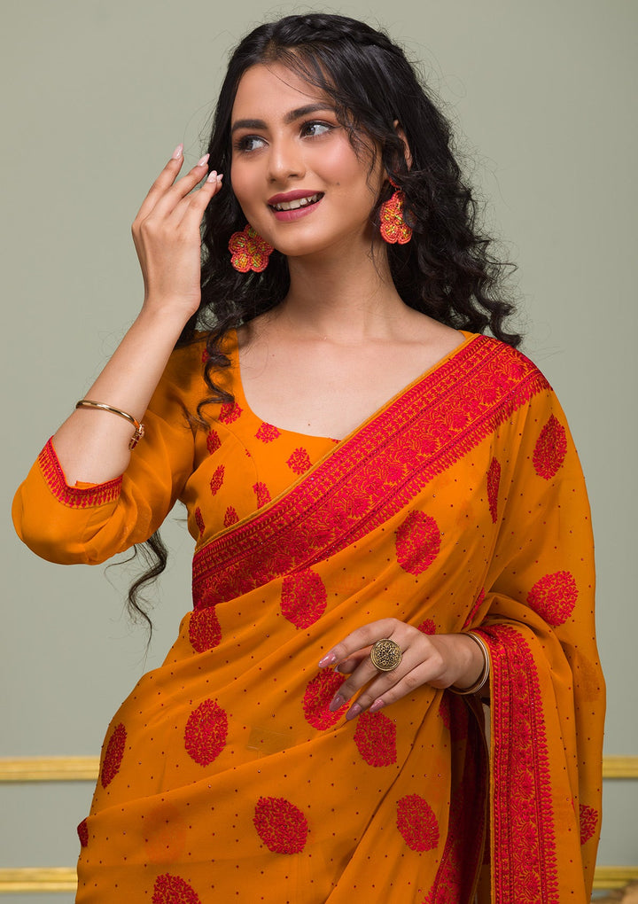 Mustard Threadwork Georgette Saree-Koskii