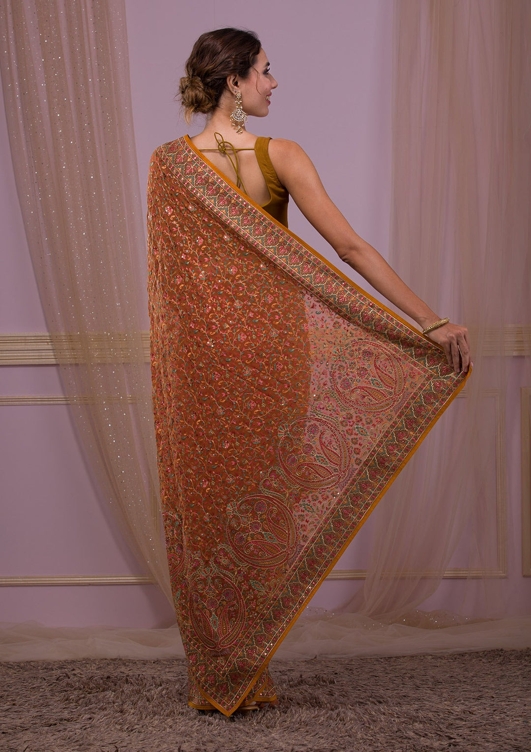 Mustard Threadwork Georgette Saree-Koskii