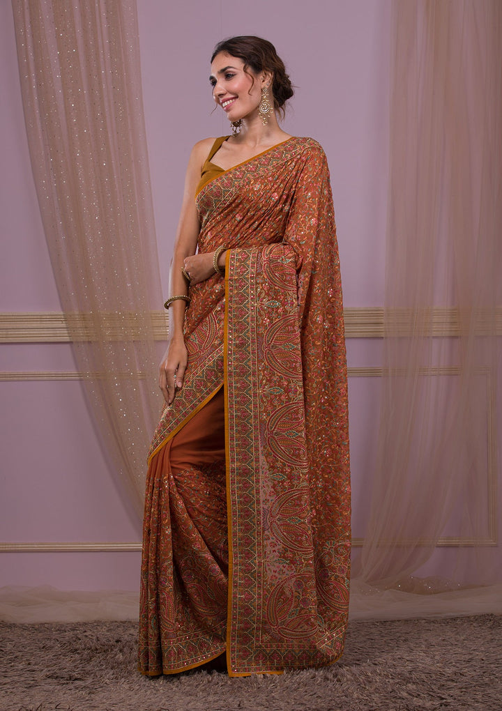 Mustard Threadwork Georgette Saree-Koskii