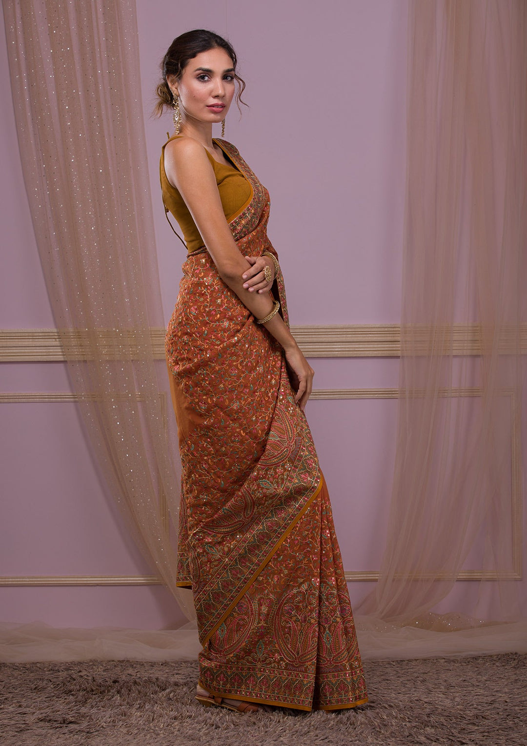 Mustard Threadwork Georgette Saree-Koskii