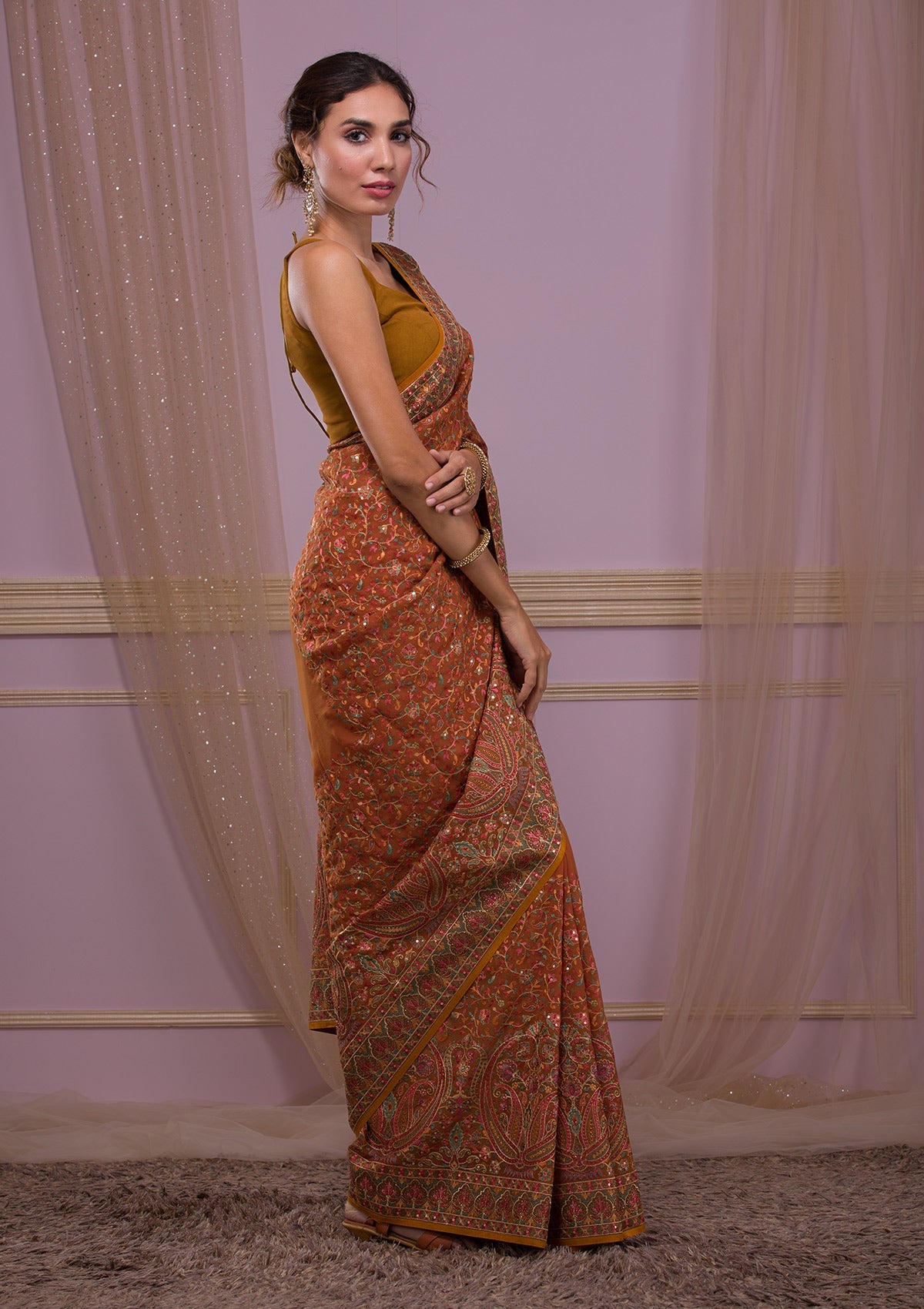 Mustard Threadwork Georgette Saree-Koskii