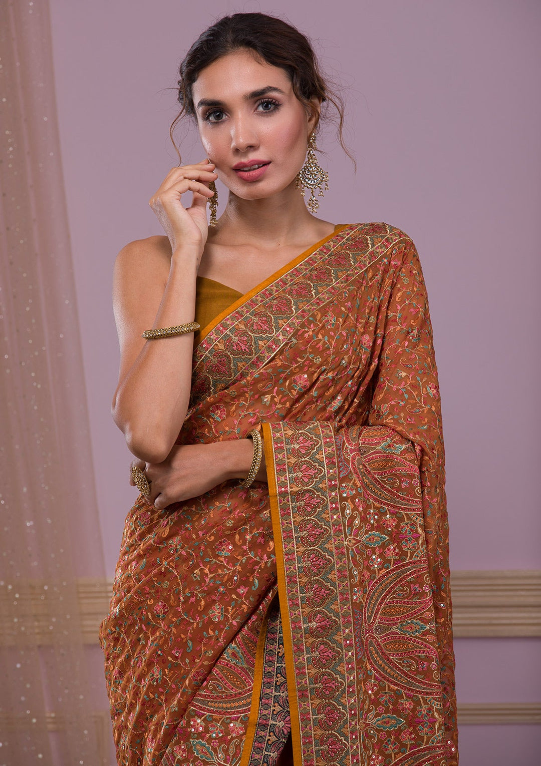 Mustard Threadwork Georgette Saree-Koskii