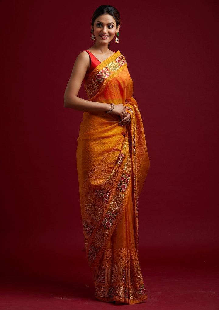 Mustard Threadwork Net Designer Saree - koskii