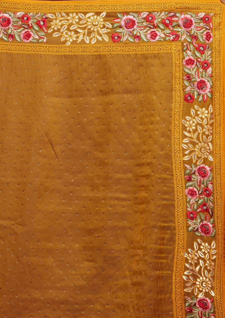 Mustard Threadwork Net Designer Saree - koskii