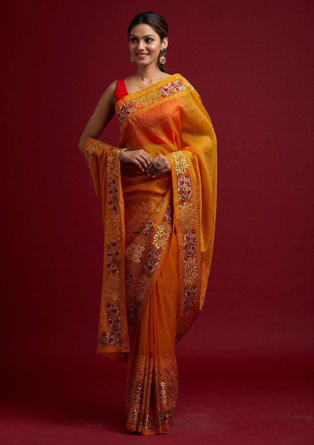Mustard Threadwork Net Designer Saree - koskii