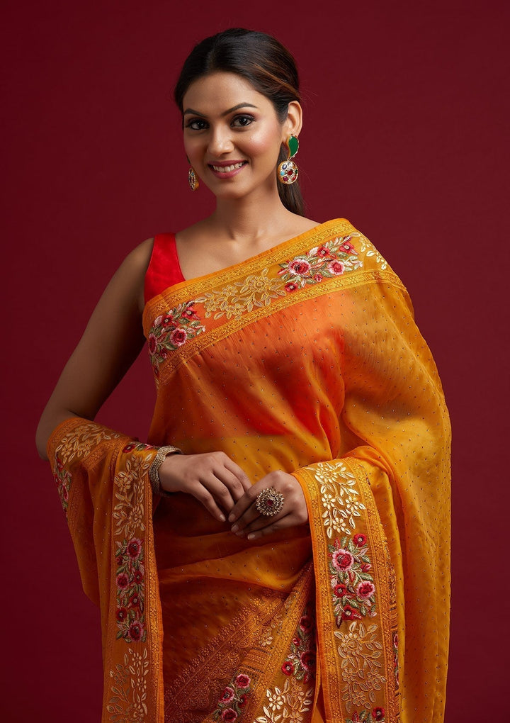 Mustard Threadwork Net Designer Saree - koskii