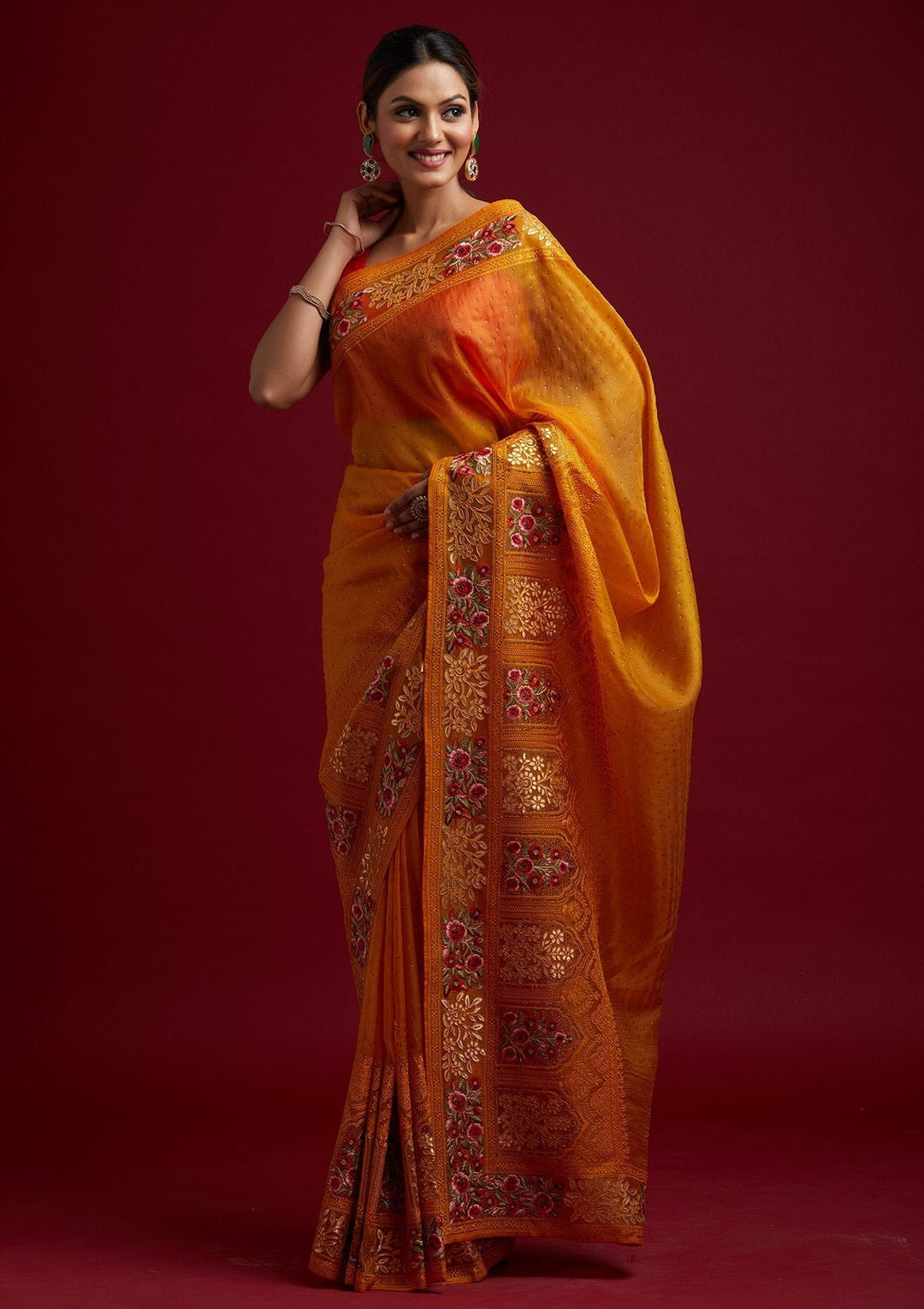 Mustard Threadwork Net Designer Saree - koskii