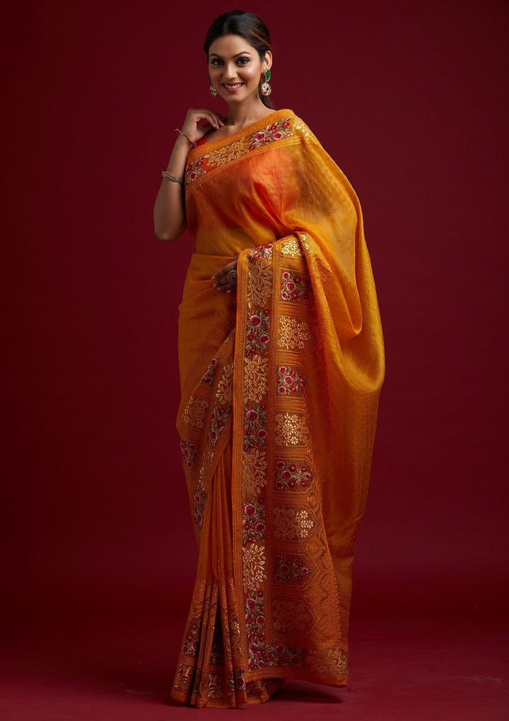 Mustard Threadwork Net Designer Saree - koskii