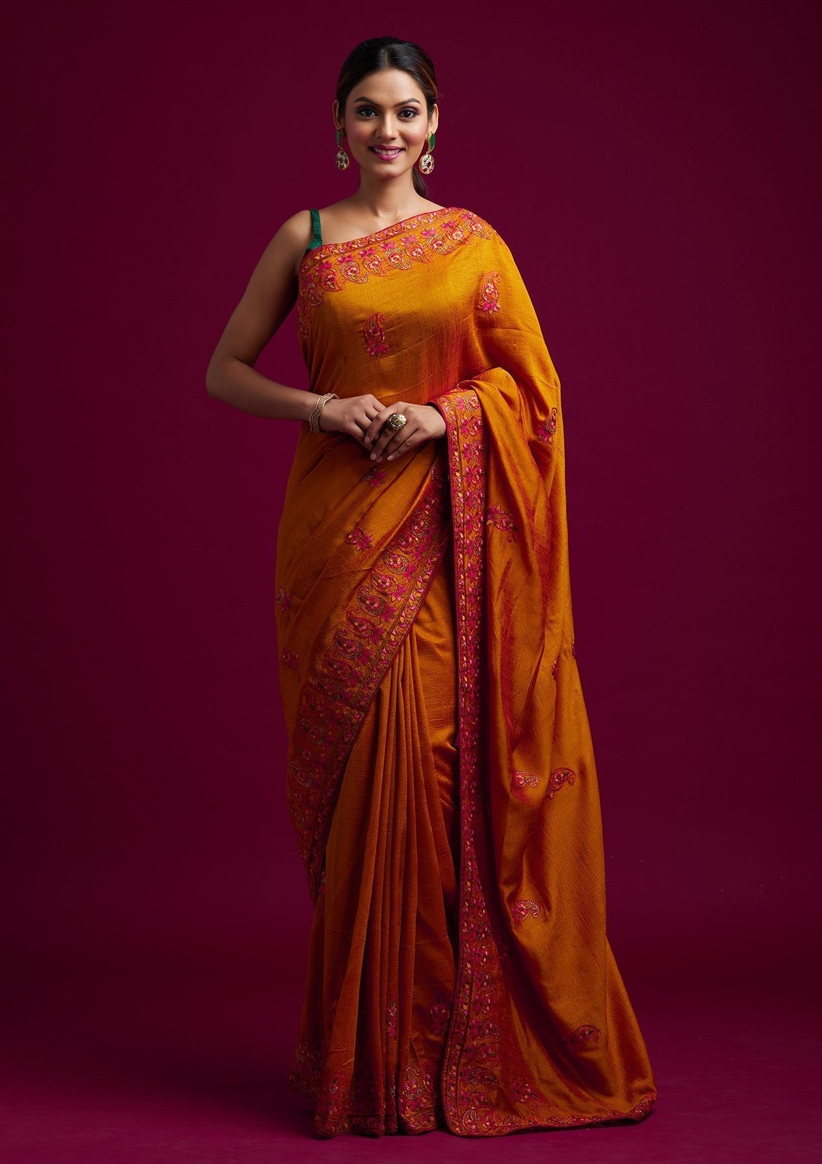 Mustard Threadwork Raw Silk Designer Saree - koskii