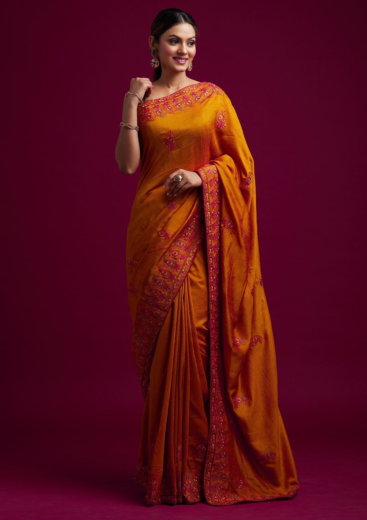 Mustard Threadwork Raw Silk Designer Saree - koskii