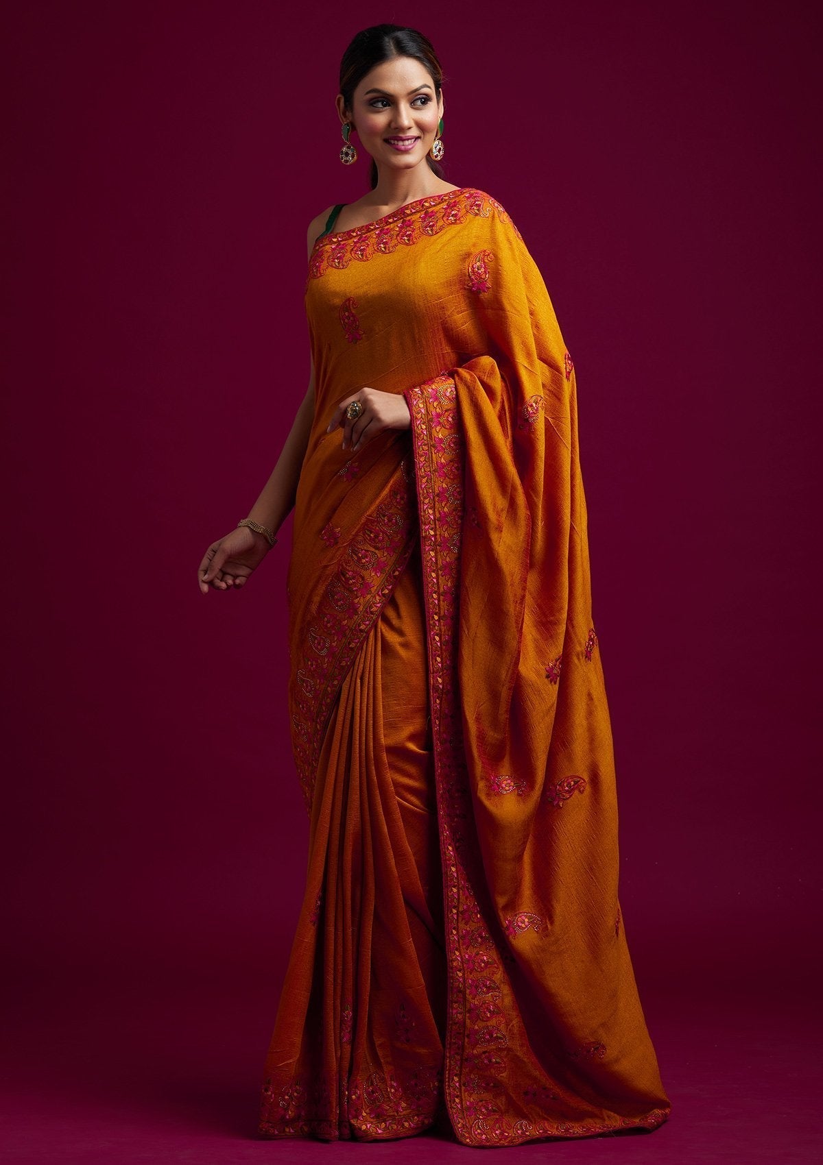 Mustard Threadwork Raw Silk Designer Saree - koskii