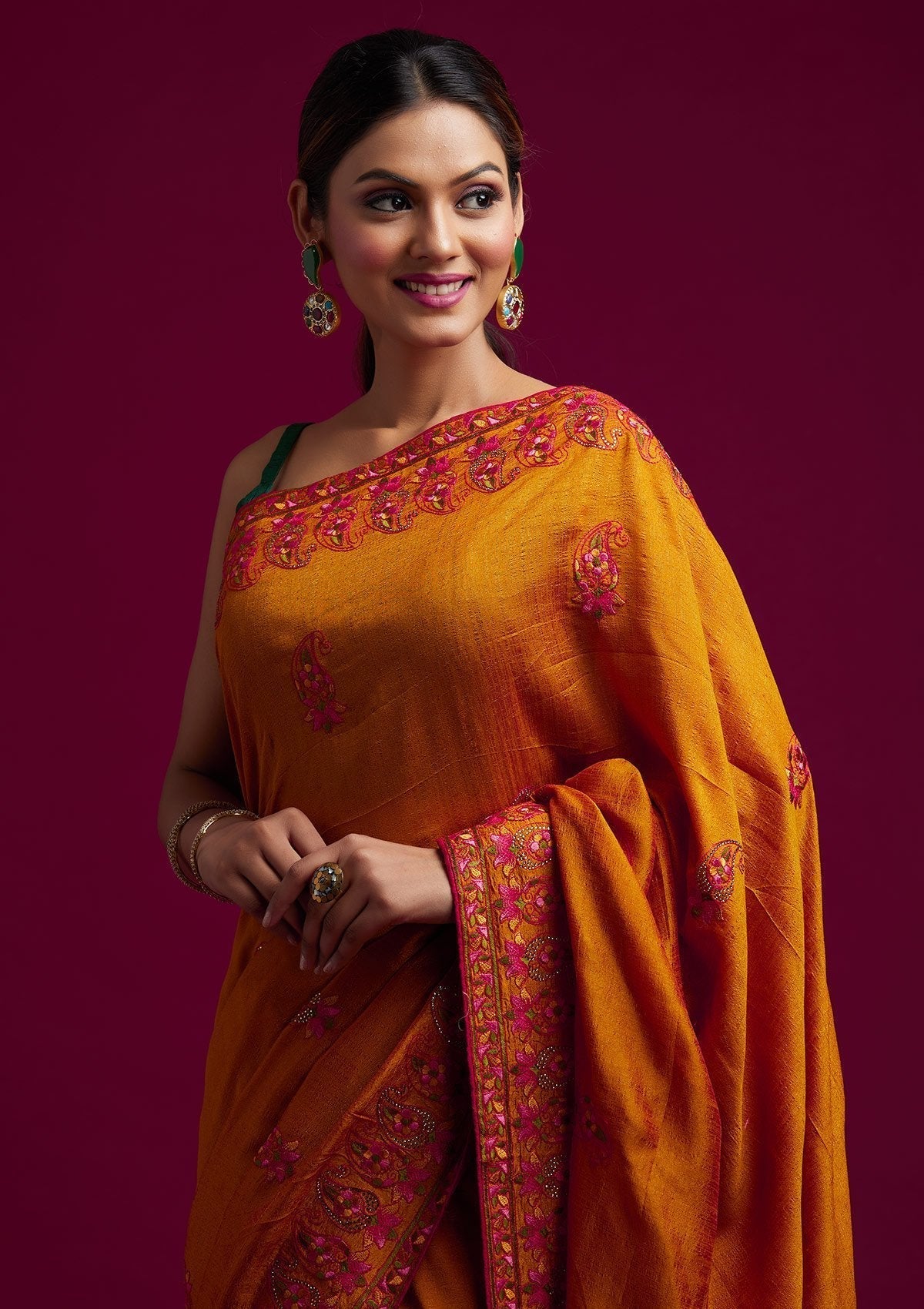 Mustard Threadwork Raw Silk Designer Saree - koskii