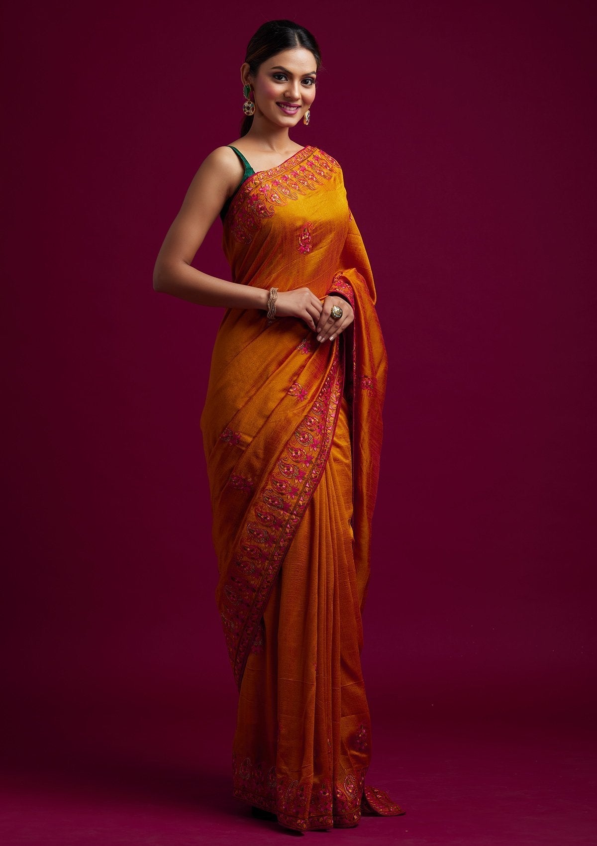 Mustard Threadwork Raw Silk Designer Saree - koskii