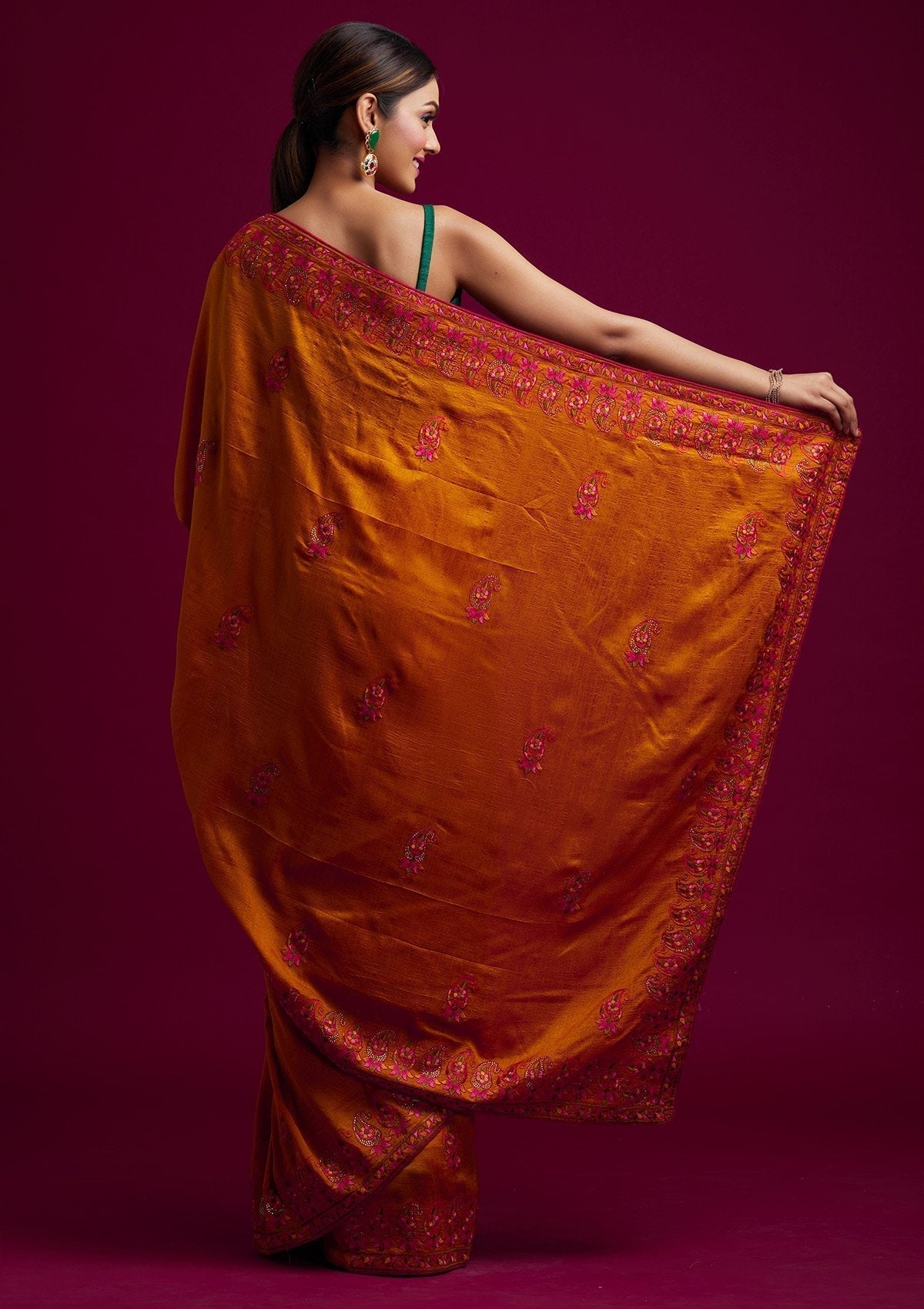 Mustard Threadwork Raw Silk Designer Saree - koskii