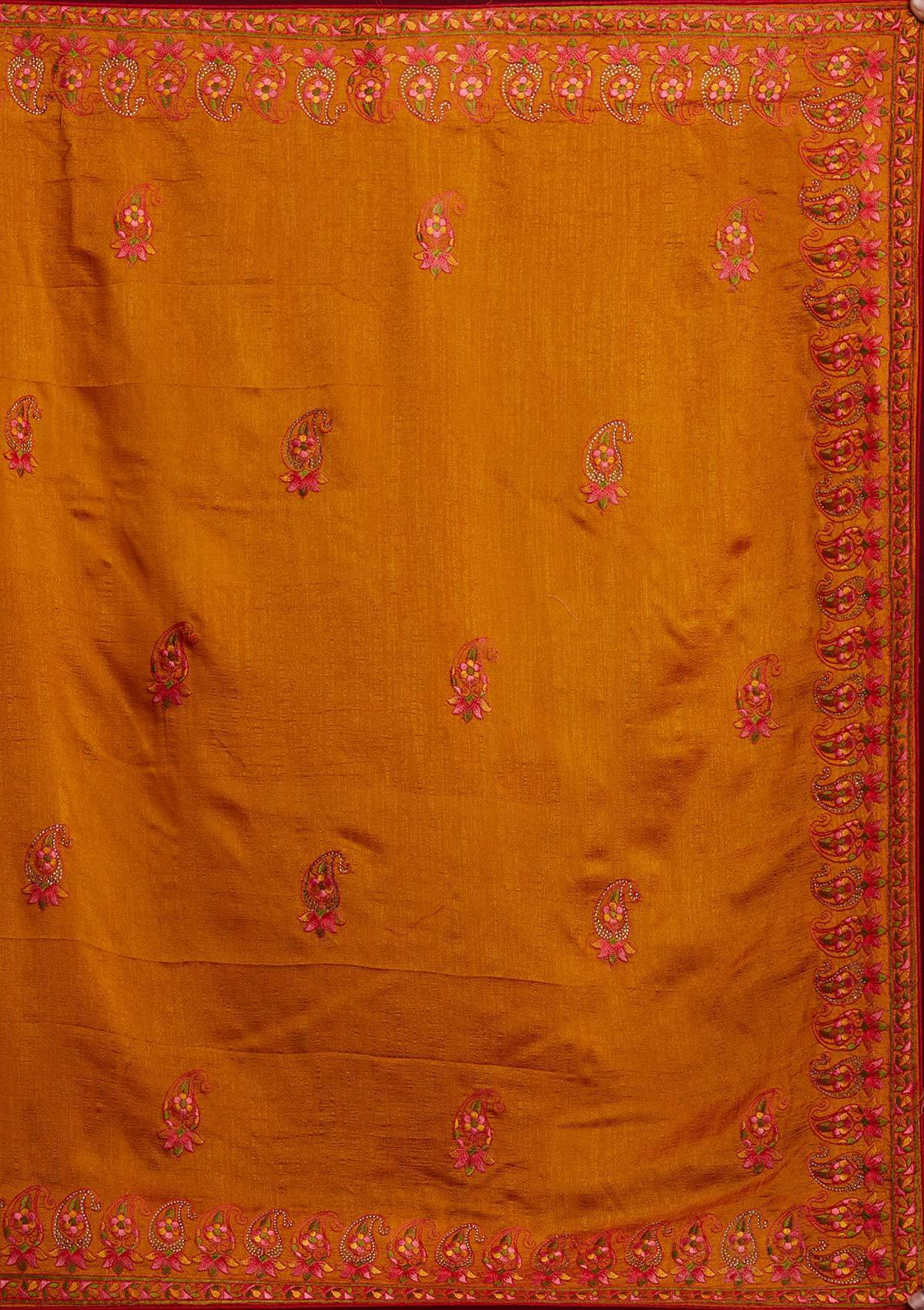 Mustard Threadwork Raw Silk Designer Saree - koskii