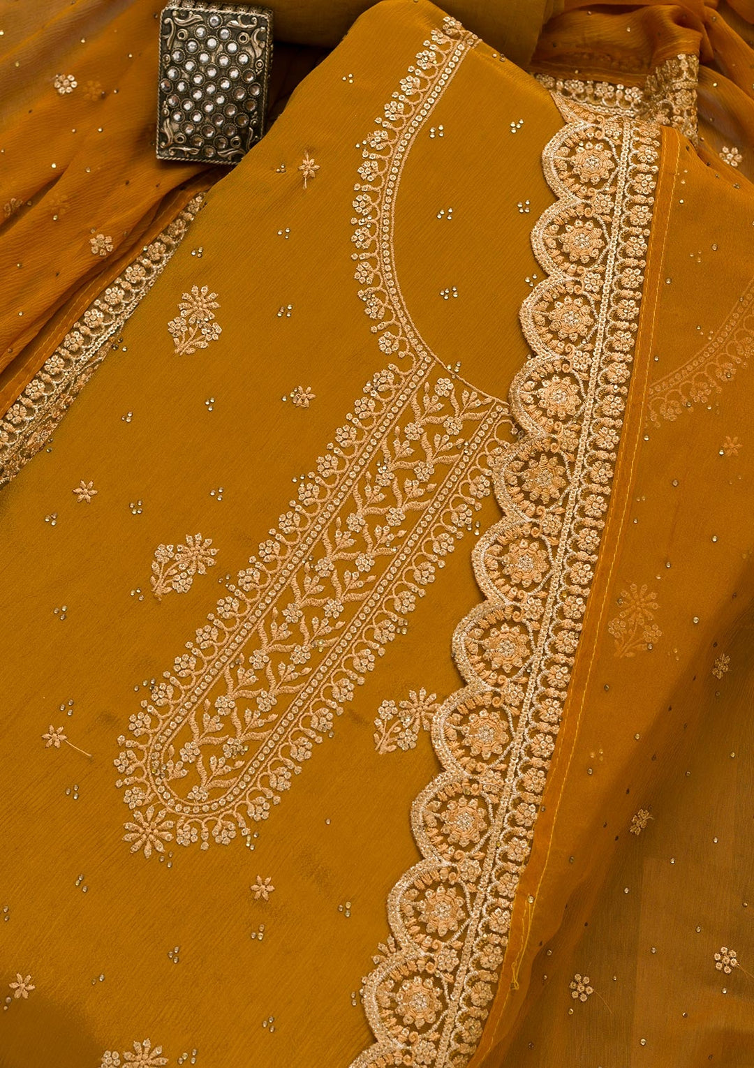 Mustard Threadwork Semi Crepe Unstitched Salwar Kameez-Koskii