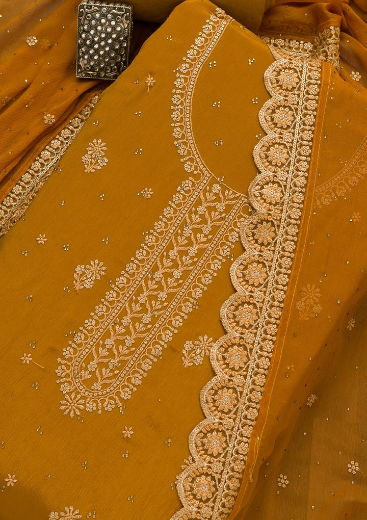 Mustard Threadwork Semi Crepe Unstitched Salwar Kameez-Koskii