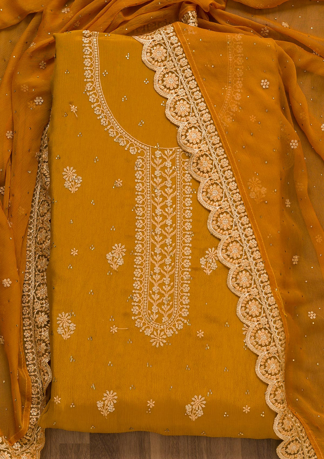 Mustard Threadwork Semi Crepe Unstitched Salwar Kameez-Koskii