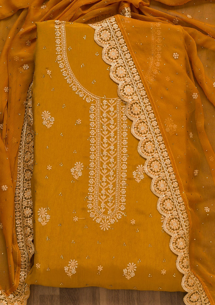 Mustard Threadwork Semi Crepe Unstitched Salwar Kameez-Koskii