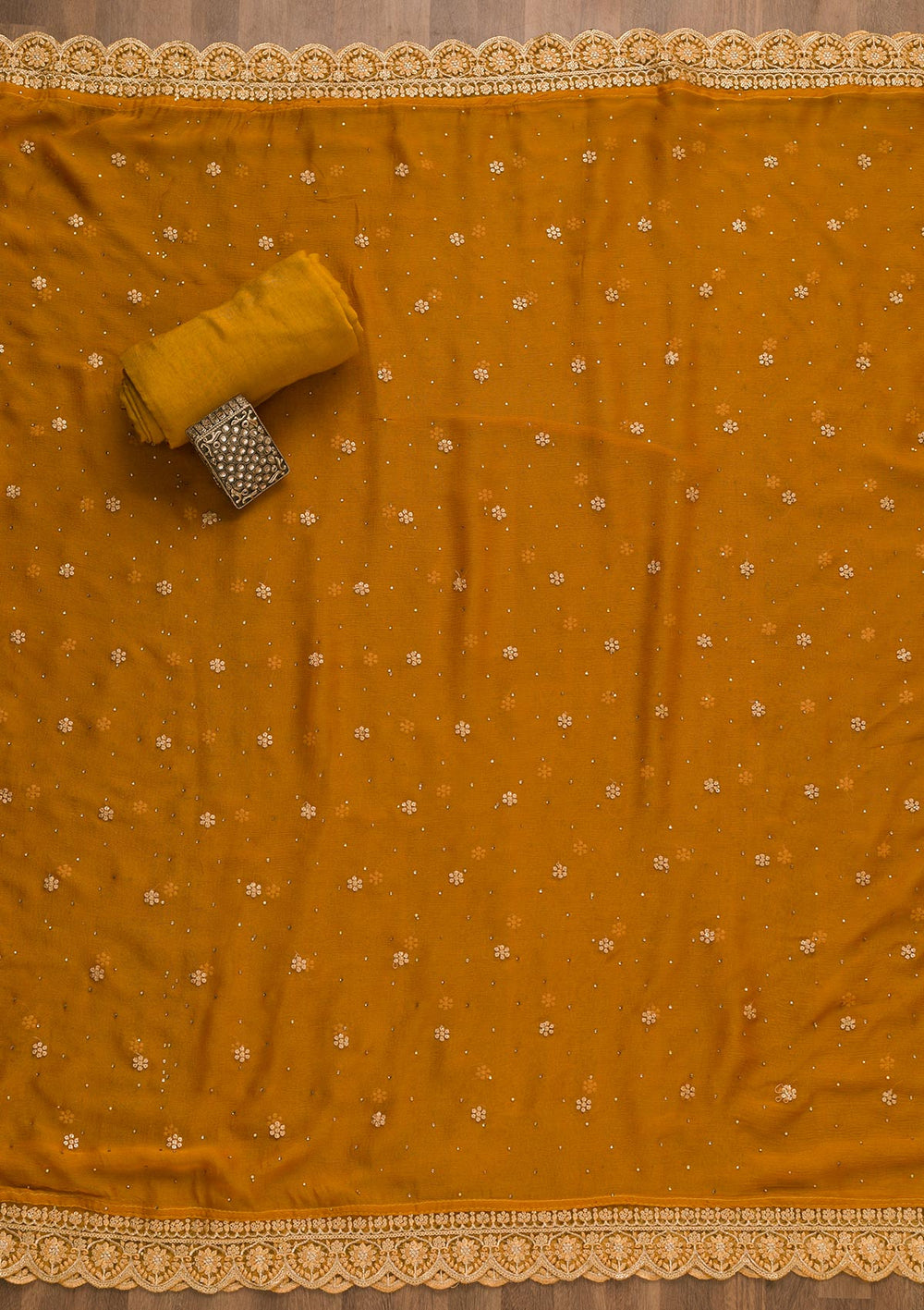 Mustard Threadwork Semi Crepe Unstitched Salwar Kameez-Koskii