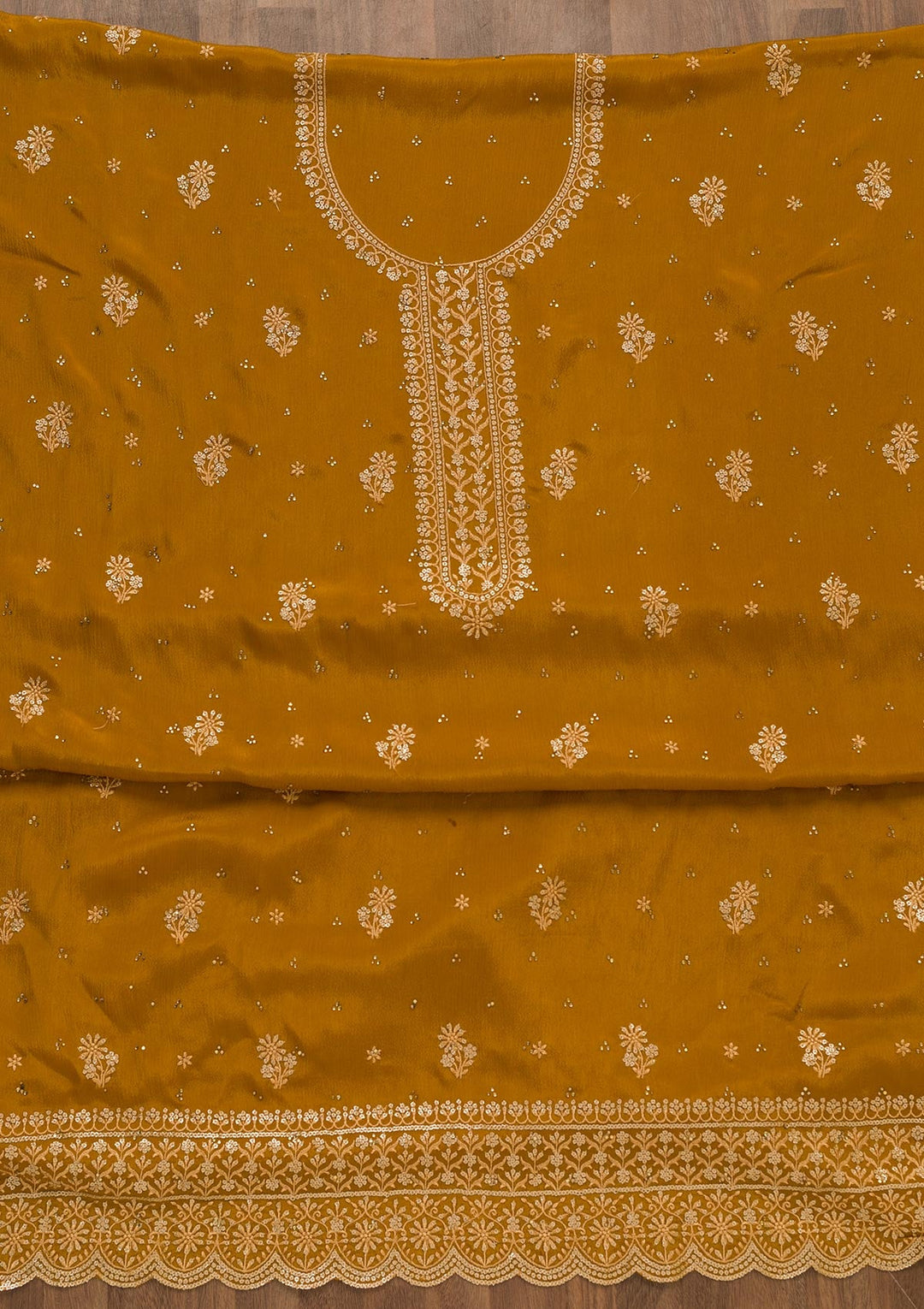 Mustard Threadwork Semi Crepe Unstitched Salwar Kameez-Koskii