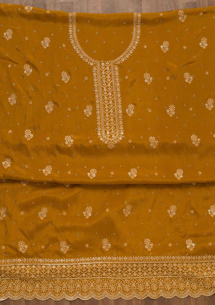 Mustard Threadwork Semi Crepe Unstitched Salwar Kameez-Koskii