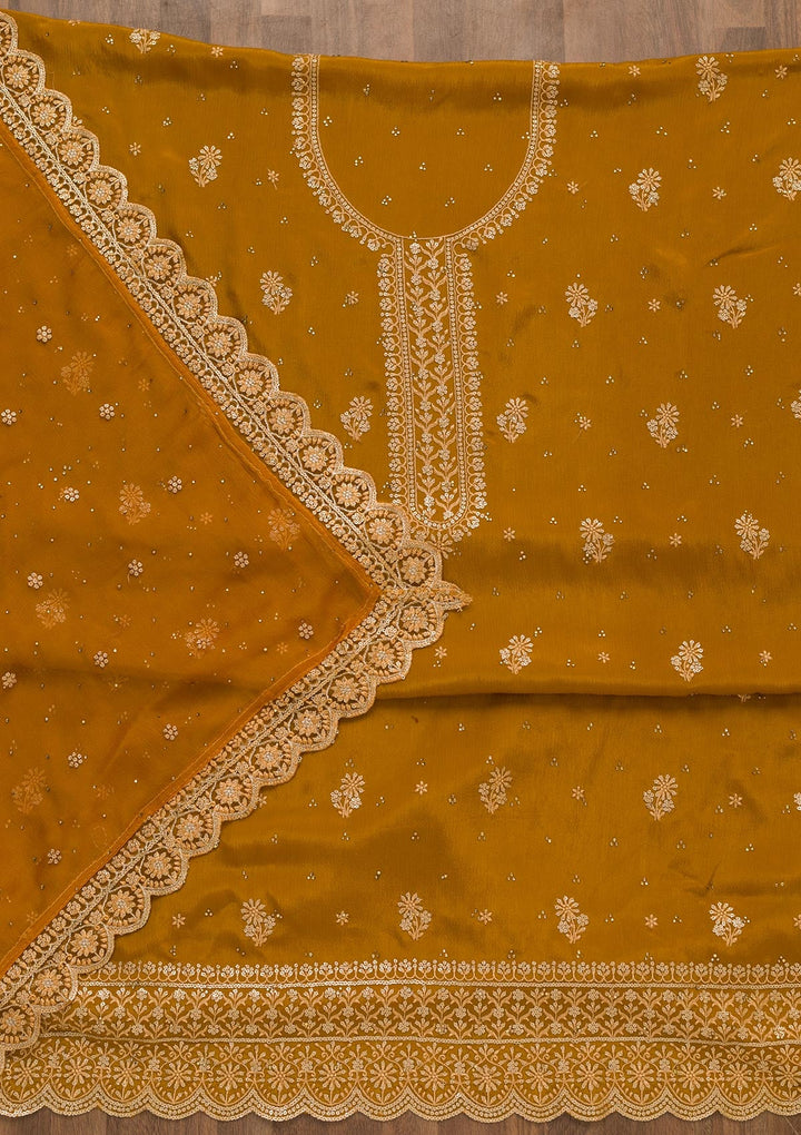 Mustard Threadwork Semi Crepe Unstitched Salwar Kameez-Koskii