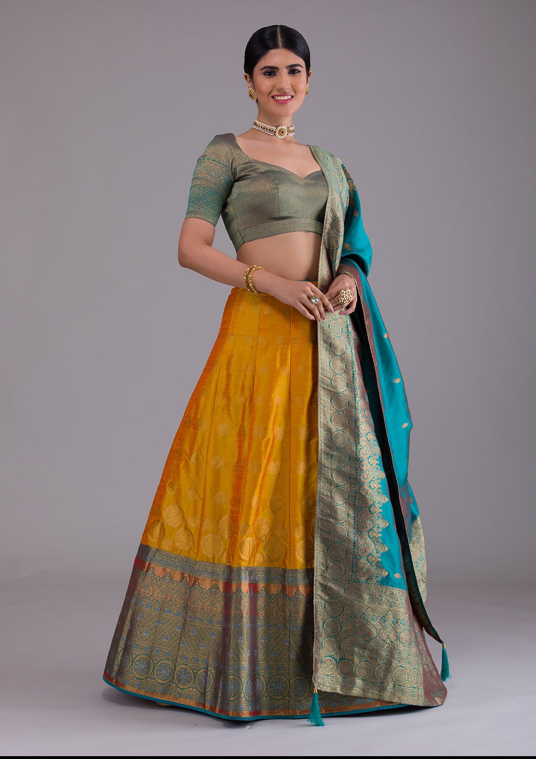 Mustard Zariwork Art Silk Designer Lehenga-Koskii