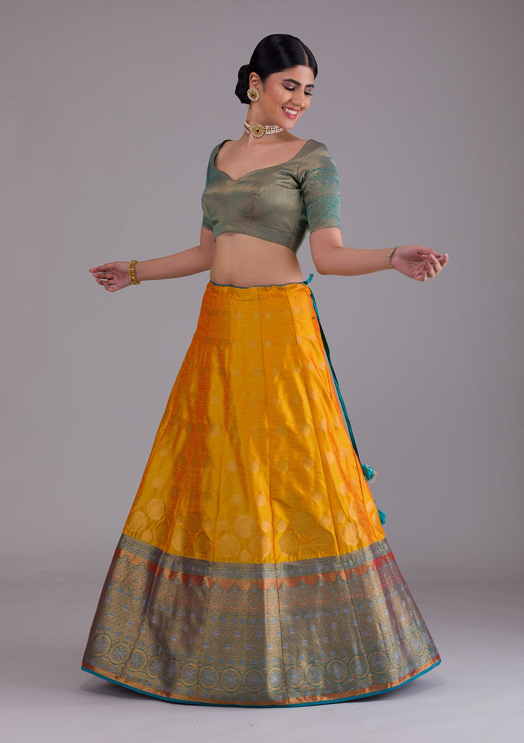 Mustard Zariwork Art Silk Designer Lehenga-Koskii